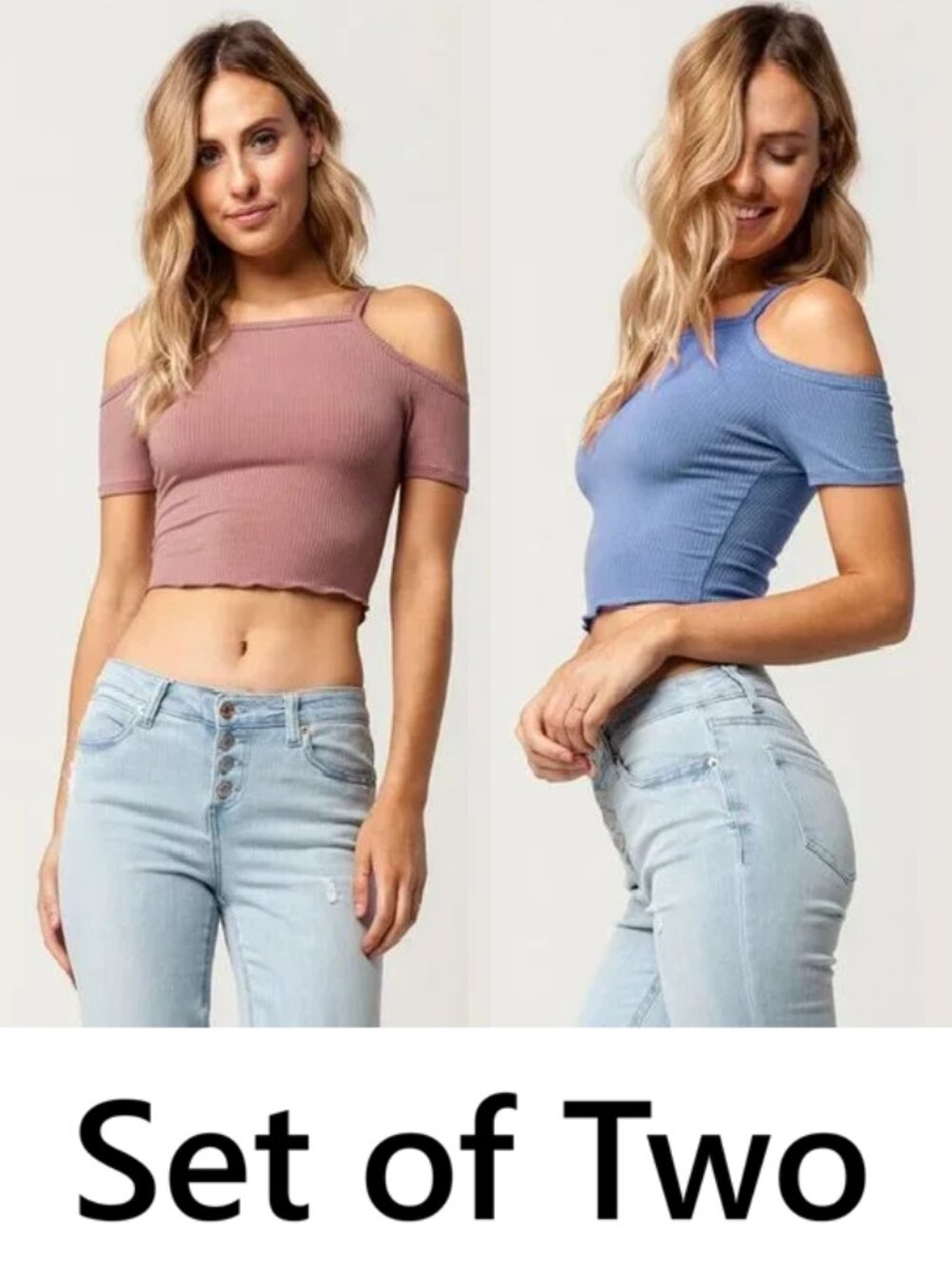 Set of Two Basics Cold Shoulder Womens‎ Crop Top Blue and Taupe